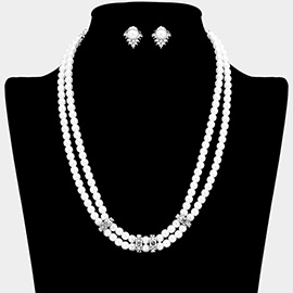 Crystal rhinestone detail double pearl strand necklace