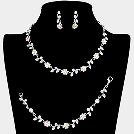 3PCS - Flower Leaf Cluster Rhinestone Necklace Jewelry Set