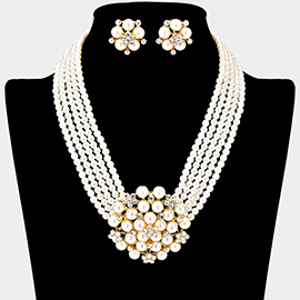 Pearl Cluster Flower Necklace Clip on Earring set