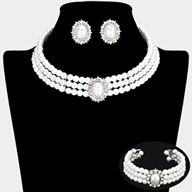 3PCS - Rhinestone Trimmed Pearl Necklace Jewelry Set