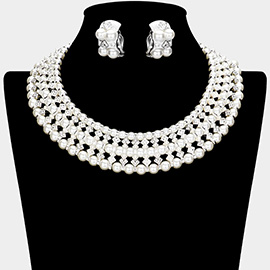 Pearl Crystal Rhinestone Collar Necklace & Clip Earring Set