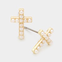 Pearl cross stud earrings