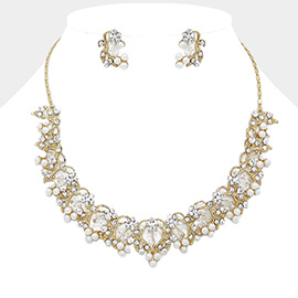 Floral Crystal Rhinestone Pearl Necklace