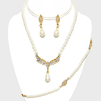3-PCS Crystal Accented Pearl Necklace Jewelry Set