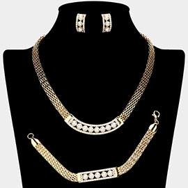 Pearl Pointed Bar Crystal Rhinestone Necklace Jewelry Set