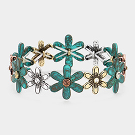 Stone Pointed Metal Flower Link Stretch Bracelet