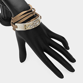 Leaf Twig Metal Bar Pointed Faux Suede Wrap Bracelet