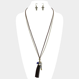 Faux Suede Tassel & Cross Key Charm Long Necklace