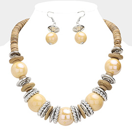 Disc Wood Cluster Beaded Bib Necklace