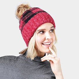 Buffalo Check Pattern Faux Pom Pom Knit Beanie Hat