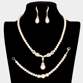 Rhinestone Embellished Pearl Necklace Jewelry Set