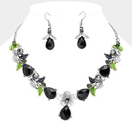 Colored Metal Flower Leaf Teardrop Stone Bib Necklace