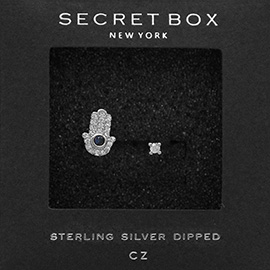 SECRET BOX_Sterling Silver Dipped CZ Hamsa Hand Evil Eye Ring