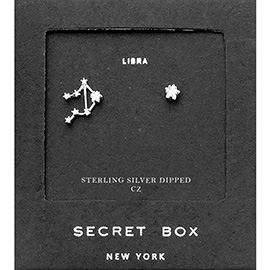 Secret Box_Sterling Silver Dipped CZ Stone Paved Libra Zodiac Sign Stud Earrings