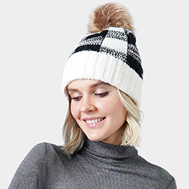 Buffalo Check Pattern Faux Pom Pom Knit Beanie Hat