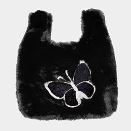 Fluffy Faux Fur Butterfly Slouchy Tote Bag