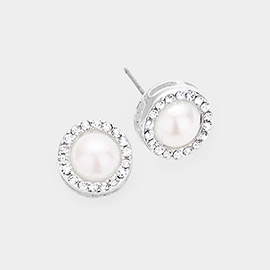 Pearl Centered Pave Trimmed Rhinestone Stud Earrings