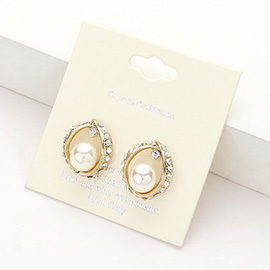 Pearl Centered Rhinestone Pave Trimmed Stud Earrings