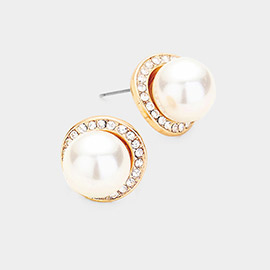 Pearl Centered Rhinestone Pave Simple Stud Earrings