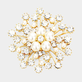 Floral Pearl Round Stone Pin Brooch