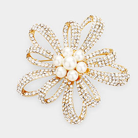 Cluster Pearl Rhinestone Pave Flower Brooch