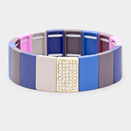 Colorful Wood Rectangle Rhinestone Pave Stretch Bracelet