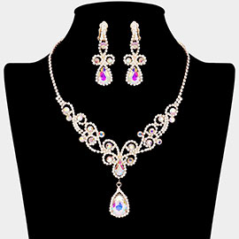 Teardrop Crystal Rhinestone Vine Drop Collar Necklace Clip on Earring Set