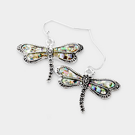 Antique Sliver Abalone Dragonfly Dangle Earrings