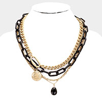 Multi Chain Layered Black Crystal Pendant Necklace 