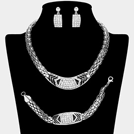 Rhinestone Pave Patterned Textured Metal Necklace Jewelry Set