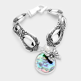 Abalone Butterfly Pearl Charm Patterned Antique Silver Bracelet