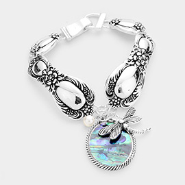 Abalone Dragonfly Pearl Charm Patterned Antique Silver Bracelet