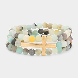 Metal Cross Accented Triple Layered Semi Precious Stretch Bracelet