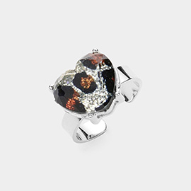 Glitter Leopard Pattern Heart Stone Adjustable Ring