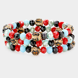 3PCS - Leopard Pattern Shamballa Ball Faceted Bead Stretch Bracelets