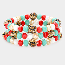 3PCS - Leopard Pattern Shamballa Ball Faceted Bead Stretch Bracelets