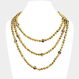 Leopard Pattern Shamballa Ball Accented Faceted Bead Long Necklace