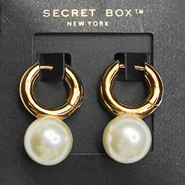 SECRET BOX_14K Gold Dipped Metal Hoop Pearl Dangle Earrings