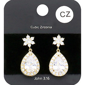 CZ Flower Accented Teardrop Dangle Evening Earrings