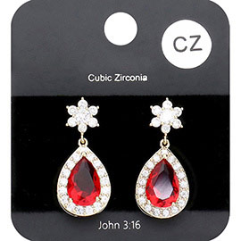 CZ Flower Accented Teardrop Dangle Evening Earrings