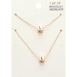 2PCS - -L- Monogram Metal Cube Pendant Necklace / Bracelet Set