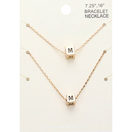 2PCS - -M- Monogram Metal Cube Pendant Necklace / Bracelet Set