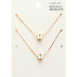 2PCS - -T- Monogram Metal Cube Pendant Necklace / Bracelet Set