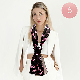 6PCS - Silk Feel Satin Striped Pink Ribbon Pattern Printed Scarves