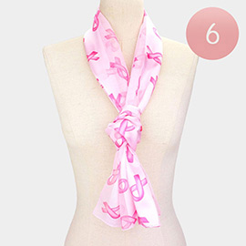 6PCS - Silk Feel Satin Striped Pink Ribbon Pattern Printed Scarves