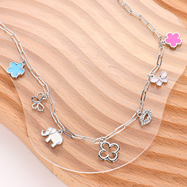 Flower Butterfly Elephant Quatrefoil Lip Pendant Station Necklace