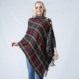 Reversible Leopard Plaid Check Patterned Tassel Poncho