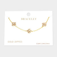 Gold Dipped CZ Triple Quatrefoil Charm Station Bracelet
