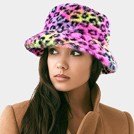 Leopard Patterned Soft Faux Fur Bucket Hat