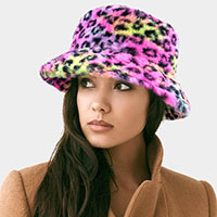 Leopard Patterned Soft Faux Fur Bucket Hat